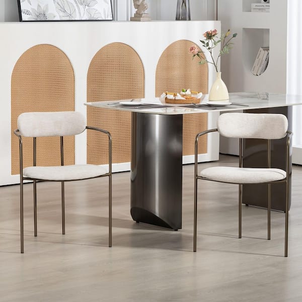 Glamour Home Berker Beige Woven Upholstered Fabric Dining Chair with Brown Iron Arms and Legs Set of 2