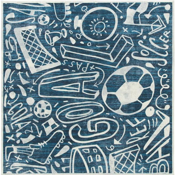 6 ft. x 6 ft. Denim/Chalk Sportsglyphs Abstract Washable Area Rug