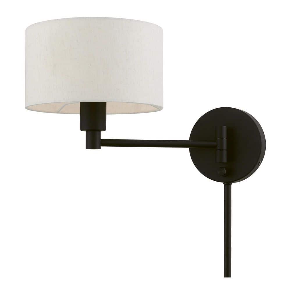 Transitional Black Swing Arm Wall Lamp with Oatmeal Fabric Shade