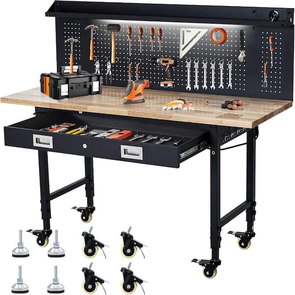 60" Wood Workbench with Drawers & Pegboard, LED Light & Power Outlet, 6-Level Adjustable Height Mobile Garage Work Table