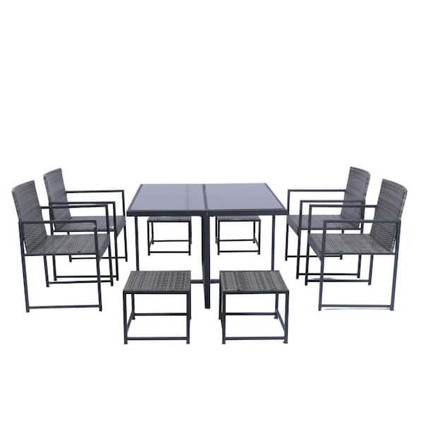 Unbranded 9 Pieces Gray Wicker Outdoor Dining Set with Glass Top Table and Dark Grey Cushion for Backyard