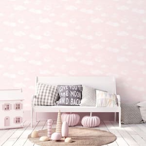 Tiny Tots 2-Collection Pink/White Matte Clouds Design Paper Non-Pasted Non-Woven Wallpaper Roll