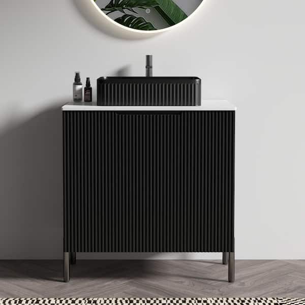 30 in. W Freestanding Black Bathroom Vanity with White Sintered Stone Top and Vessel Ceramic Sink