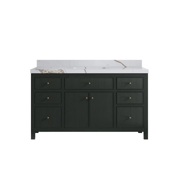 Willow Collections Sonoma 60 in. Single Sink Freestanding Dark Green Bath Vanity with Calcutta Gold Quatrz Top Unassembled