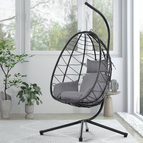 AUTMOON Black Metal Outdoor Patio Wicker Hanging Swing Chair