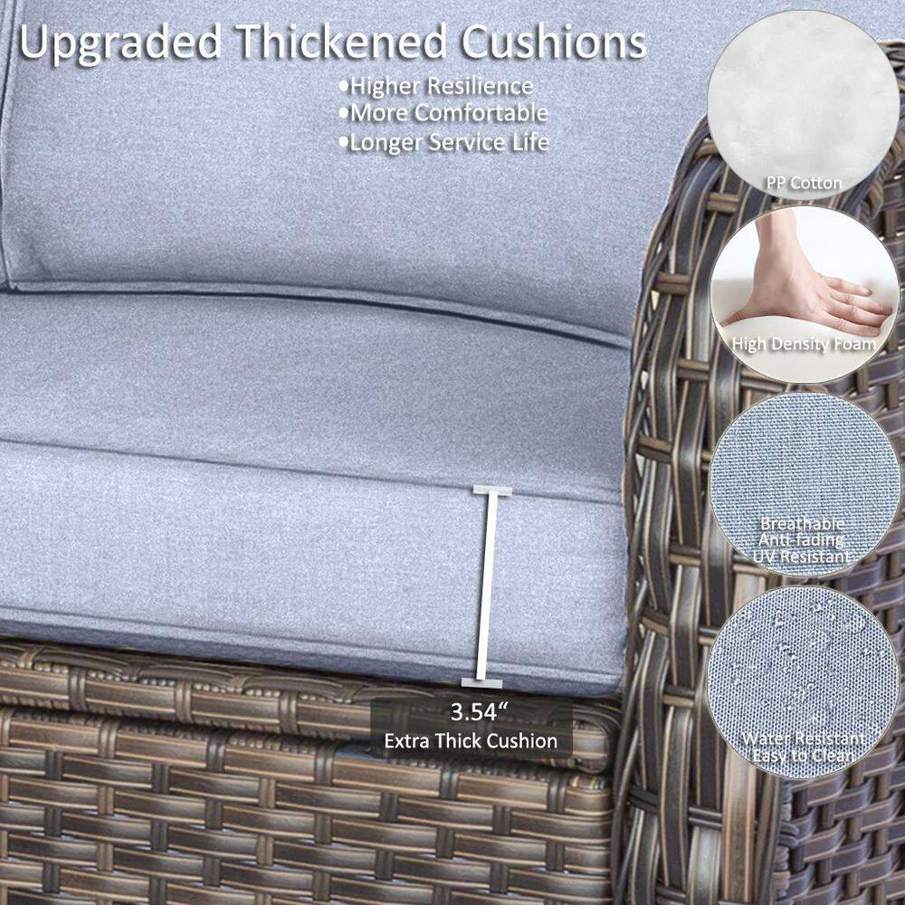 Close-up of the thick gray seat cushion and wicker base of the patio sofa.