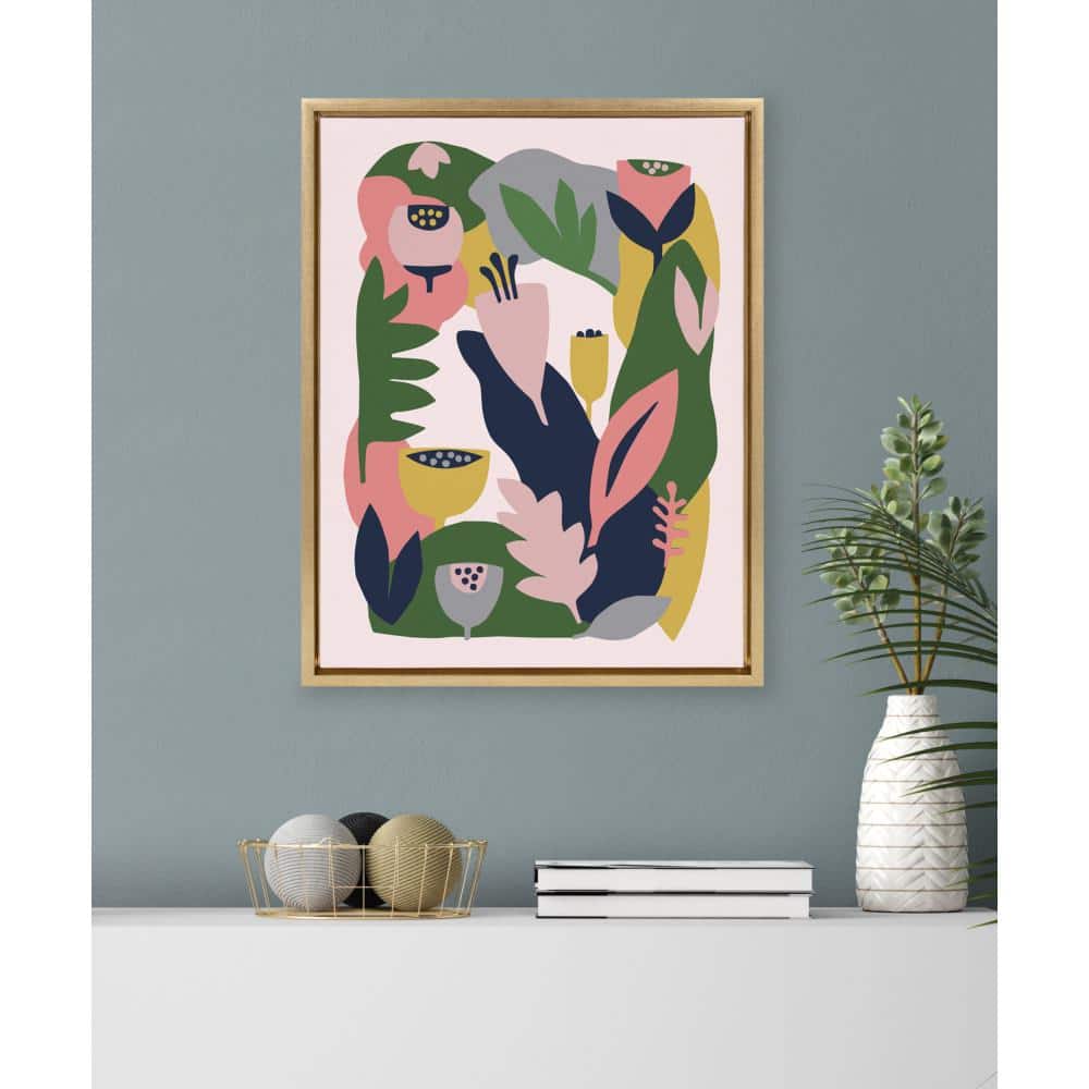Myriam's Garden Pink and Green Floral Canvas Print with Gold Frame, 18x24