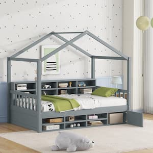Gray Twin Size Wooden House Bed with Multiple Storage Shelves, Mini Cabinet with Door