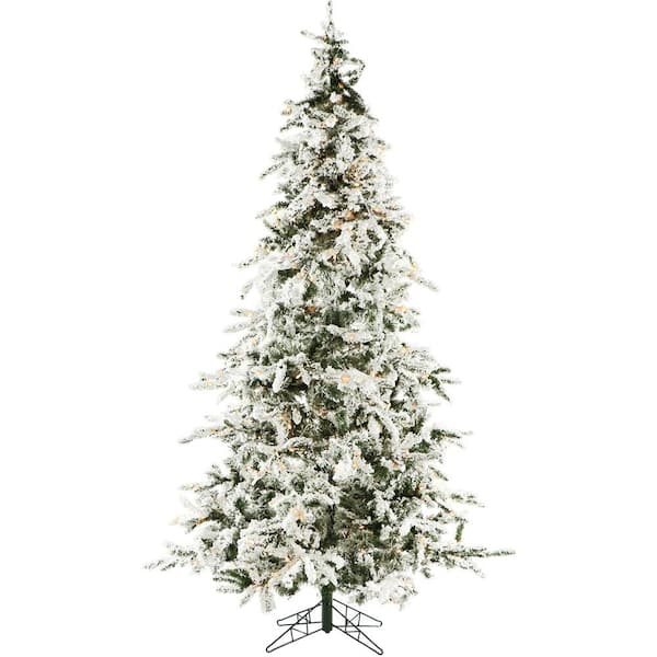 Christmas Time 7.5 ft. White Pine Snowy Artificial Christmas Tree w/ Clear LED String Lights, High Quality PVC, Flame Retardant