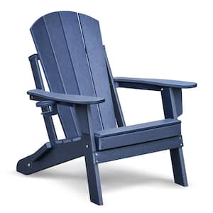 Navy Blue Folding Plastic Adirondack Chair 1-Pack Patio Lawn Chair with Side Table All Weather Outdoor Fire Pit Chair