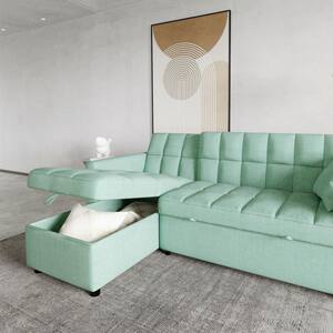 81.9 in. Green Cotton Reversible Sectional Sofa with Sleeper Queen Size Sofa Bed