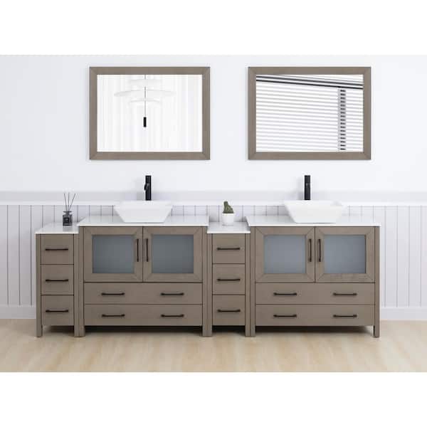 96 in. W Double Basin Driftwood Gray Bath Vanity with White Engineered Marble Top and Mirror