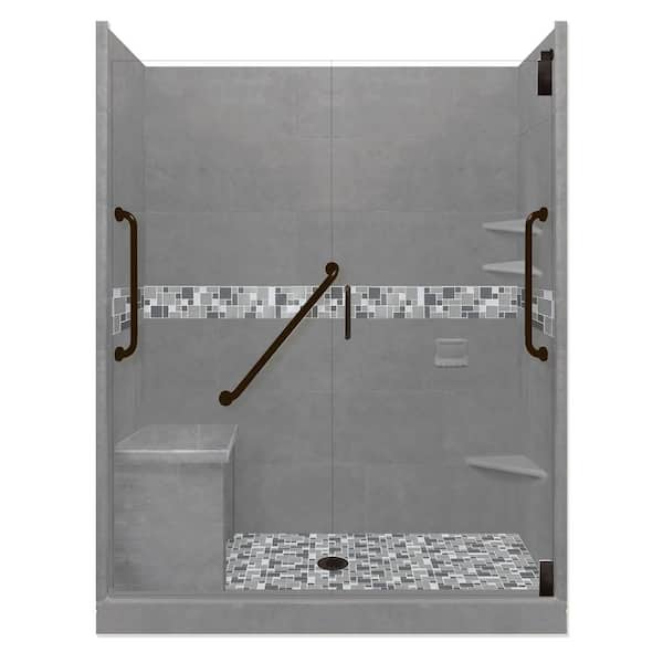 American Bath Factory Newport Freedom Grand Hinged 34 in. x 60 in. x 80 in. Center Drain Alcove Shower Kit in Wet Cement and Black Pipe
