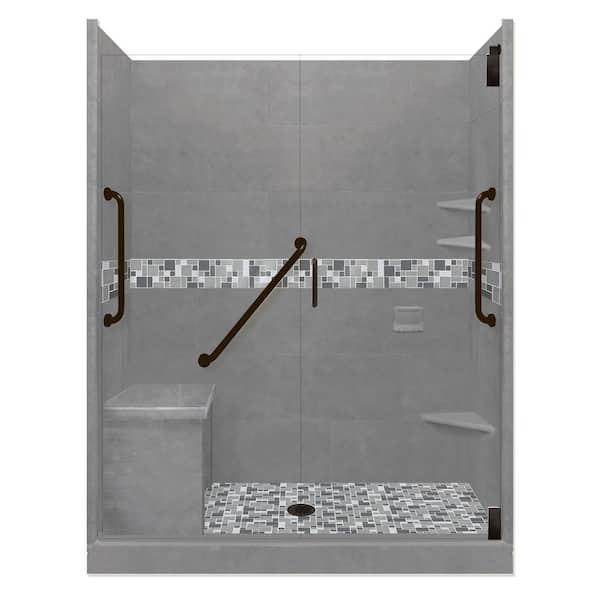 American Bath Factory Newport Freedom Grand Hinged 42 in. x 60 in. x 80 in. Center Drain Alcove Shower Kit in Wet Cement and Black Pipe