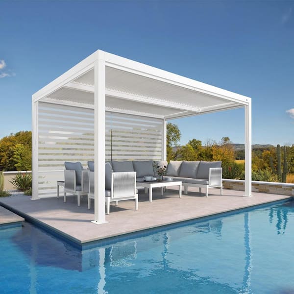 PURPLE LEAF 10 ft. x 14 ft. White Aluminum Frame Louvered Pergola with Adjustable Sunshade Roofs and 1-Long Side Roller Shades