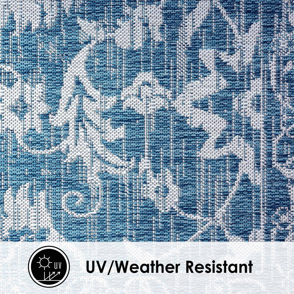 Aqua Blue Floral Damask Indoor/Outdoor Area Rug