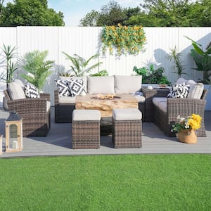 Strip 7-Pieces Rock and Fiberglass Fire Pit Table Brown Wicker Conversation Set with Beige Cushions and a Storage Box