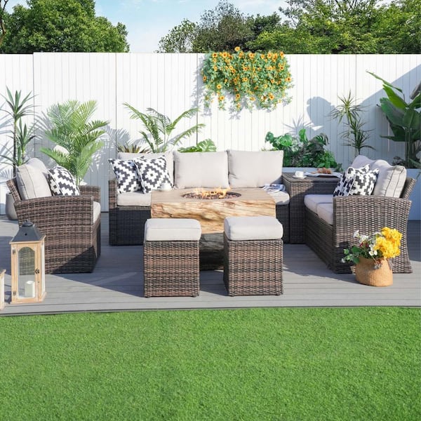 Strip 7-Pieces Rock and Fiberglass Fire Pit Table Brown Wicker Conversation Set with Beige Cushions and a Storage Box