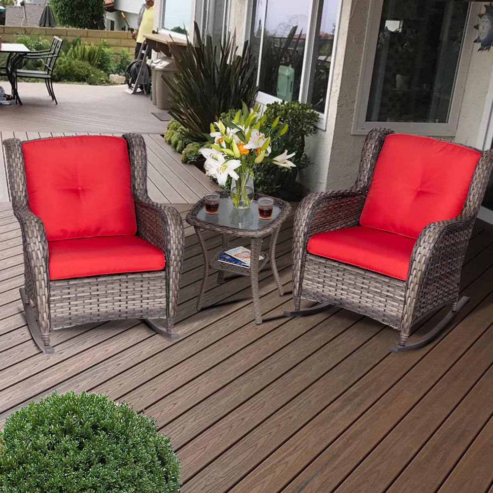 3-Pieces Brown Frame ‎ Wicker Outdoor Rocking Chair, with Matching Side T
