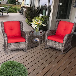 3-Pieces Brown Frame ‎ Wicker Outdoor Rocking Chair, with Matching Side Table, Premium Red Cushion for Backyard, Patio