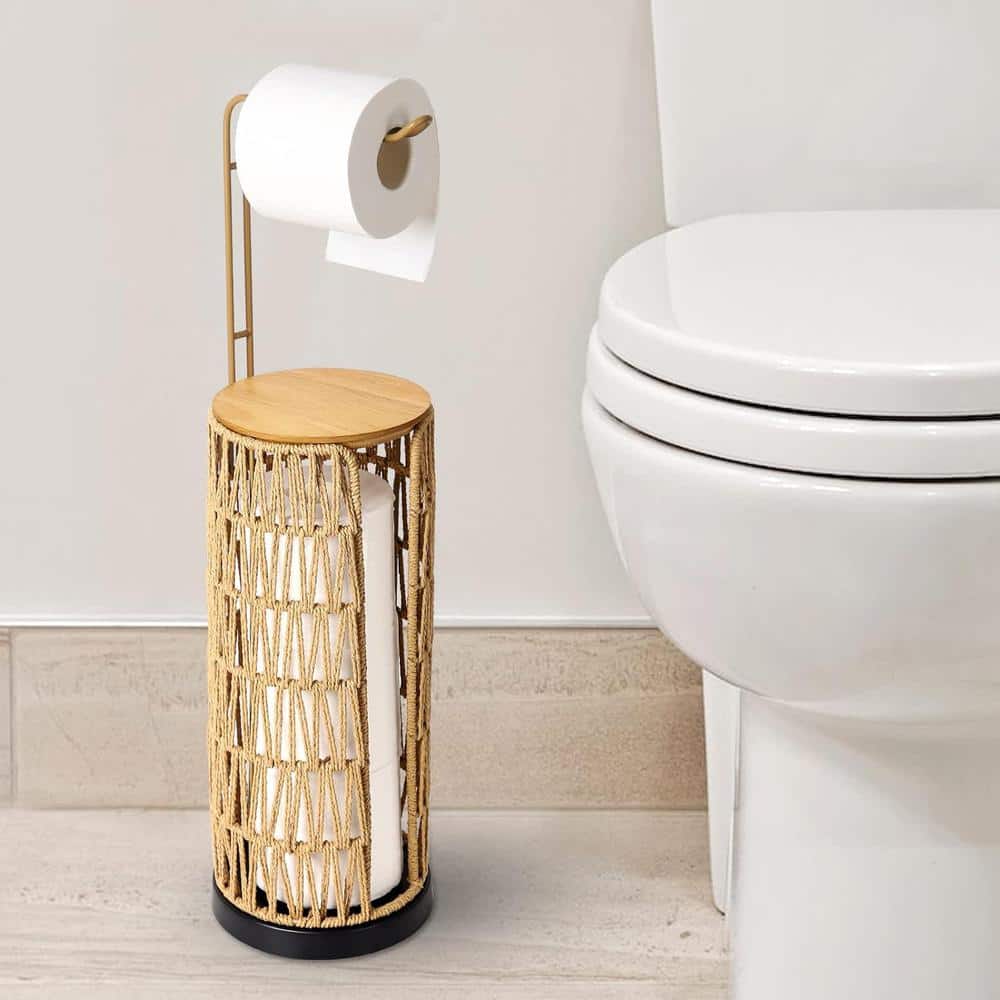 Freestanding Rattan and Metal Toilet Paper Holder with Storage
