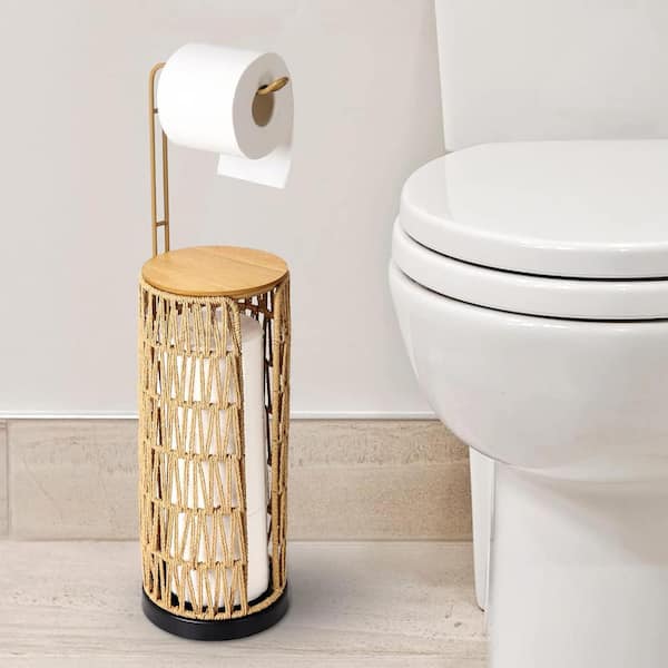 Freestanding Rattan Toilet Paper Holder in Brown 3 Rolls of Tissue Holder with Storage Toilet Paper Roll Holder Stand
