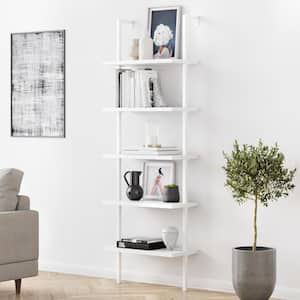 Theo 73 in. White Wood 5-Shelf Ladder Bookcase with White Metal Frame