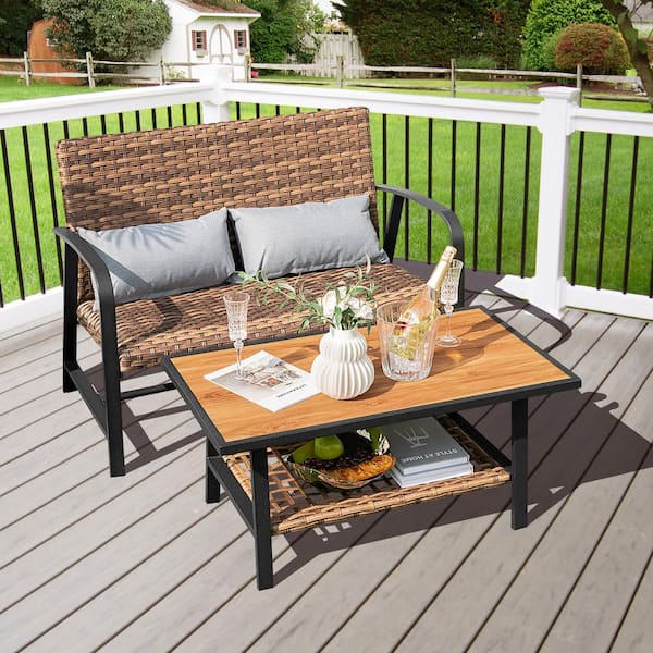 Costway 2 Pieces Wicker Outdoor Loveseat Coffee Table Set Padded