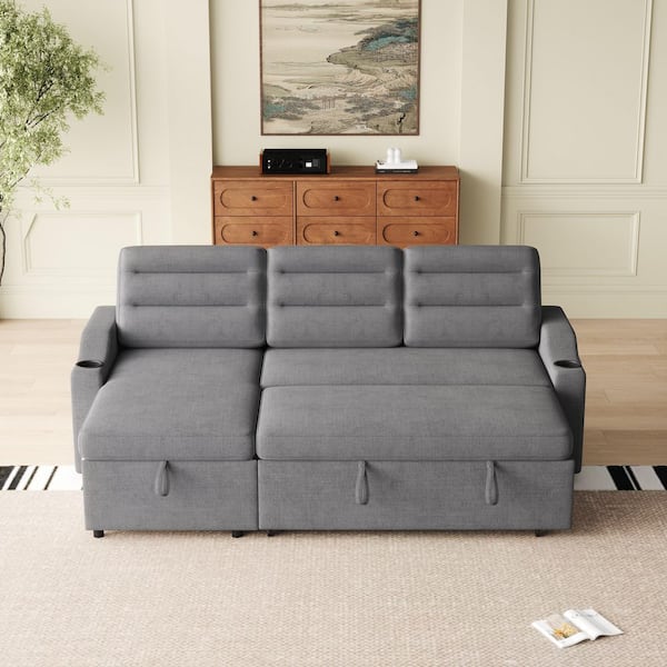 Dark Grey 83.5" Convertible Polyester Sleeper Full Size Sofa Bed with Pullout Bed, Storage Recliner & Cup Holders