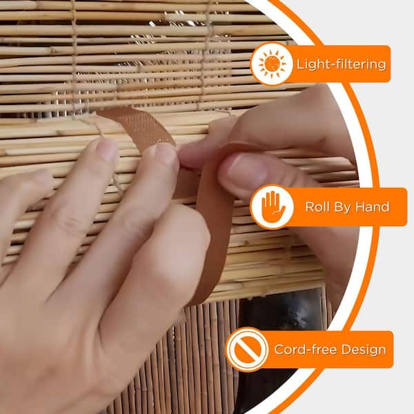 Cord Free Natural Light-Filtering Bamboo Reed Roman Shades Manual Roll-Up Window Blinds 60 in. W x 72 in. L