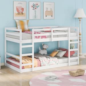 White Twin Over Twin Floor Bunk Bed Pine Wood Bed Frame with 2 Ladders, Safety Rails and Wood Slats for Kids and Teens