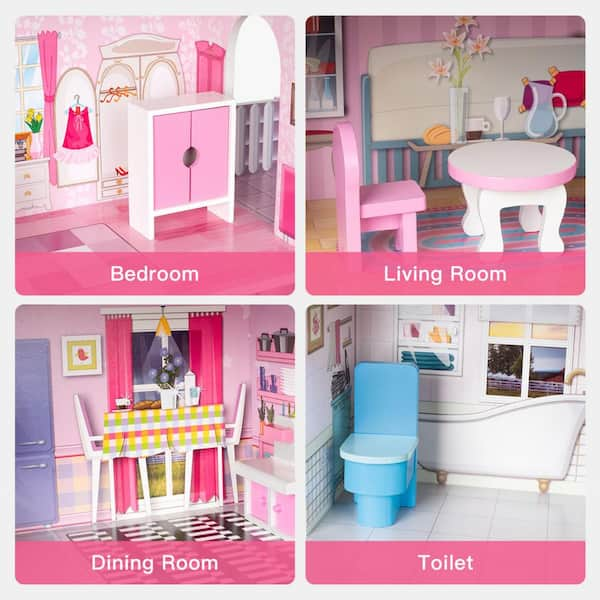 Huluwat Pink Classic Wooden Dollhouse for Toddlers with of