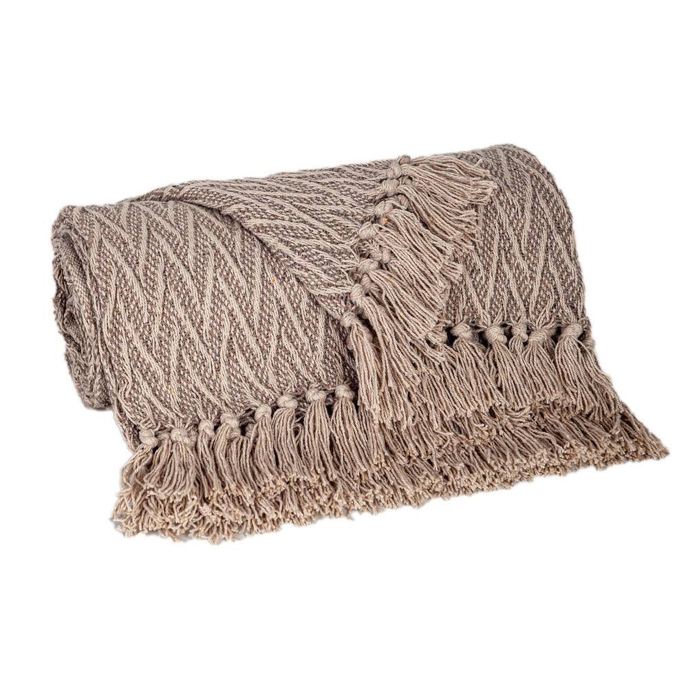 Handloomed Beige Cotton Chevron Throw Blanket with Tassels 52"x67"