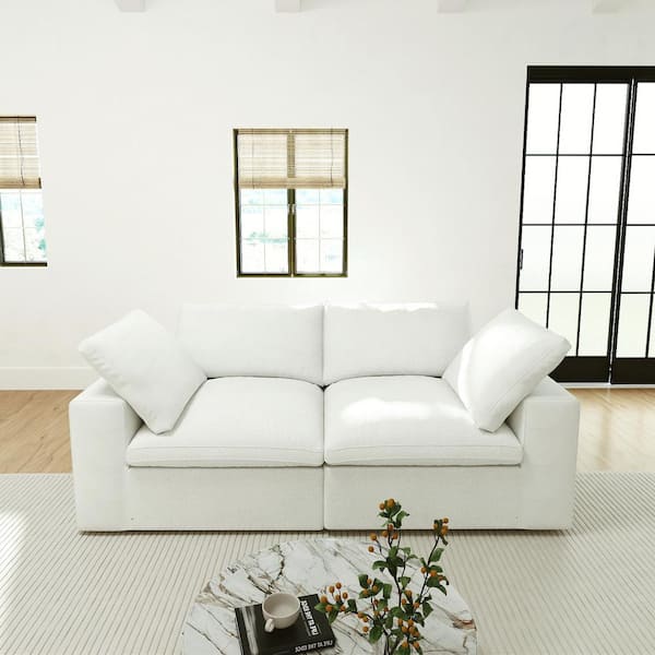 Magic Home 79 in. Square Arm 2-Piece Linen Modular Curved Soriana Loveseat Sectional Sofa Couch in White