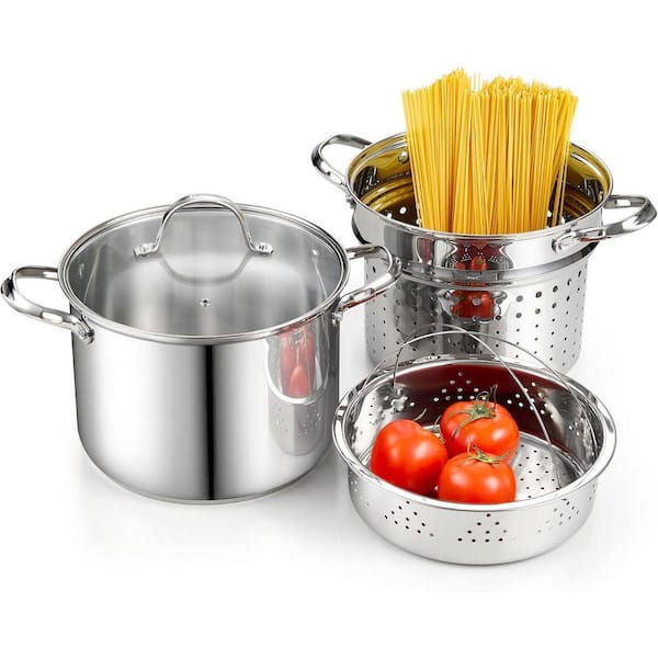 18/10 Stainless Steel 8 Quarts Stock Pot Spaghetti Cooker Tamale Crab Steamer Multipots with Glass Lid, 4-Piece Set
