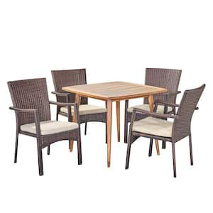 Marias Brown 5-Piece Wood and Faux Rattan Outdoor Dining Set with Cream Cushions
