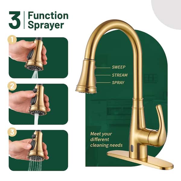 Touchless Single Handle Gooseneck Pull Down Sprayer Kitchen Faucet with Deckplate Pull Out Sink Faucet in Gold