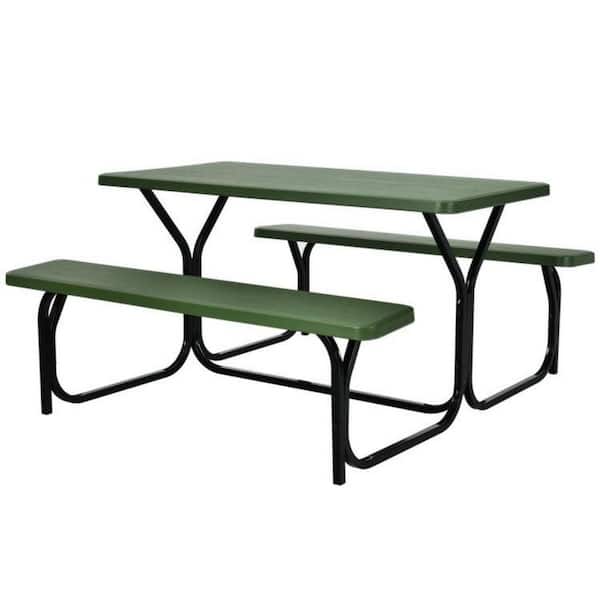 59 in. Green Rectangle Steel Picnic Tables Seats 4-People without Umbrella Hole Outdoor Bench Set All Weather