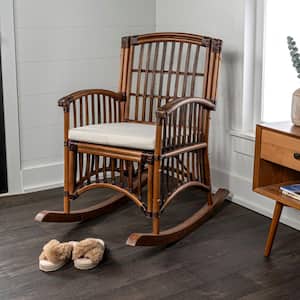 Swayze Bohemian Farmhouse Woven Rattan/Wood Rocking Chair, White Cushion with Brown Frame