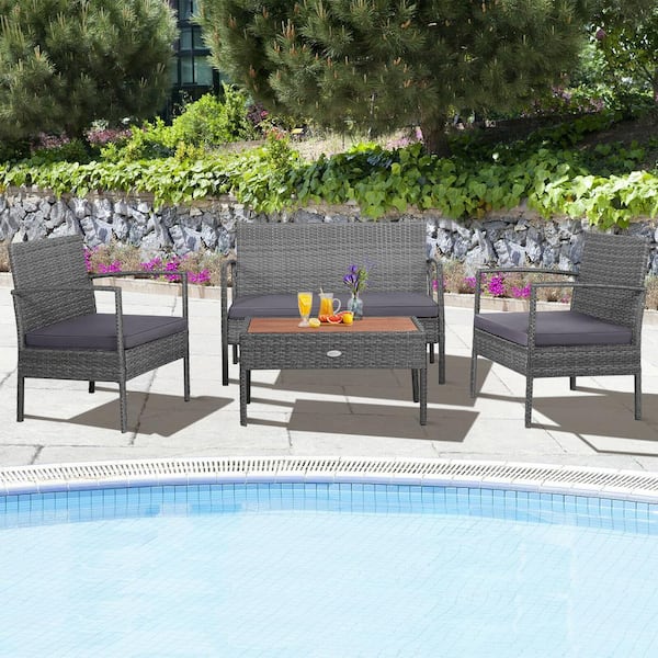 Liviza 4 Pieces Wicker Patio Conversation Furniture Set with Gray Cushions