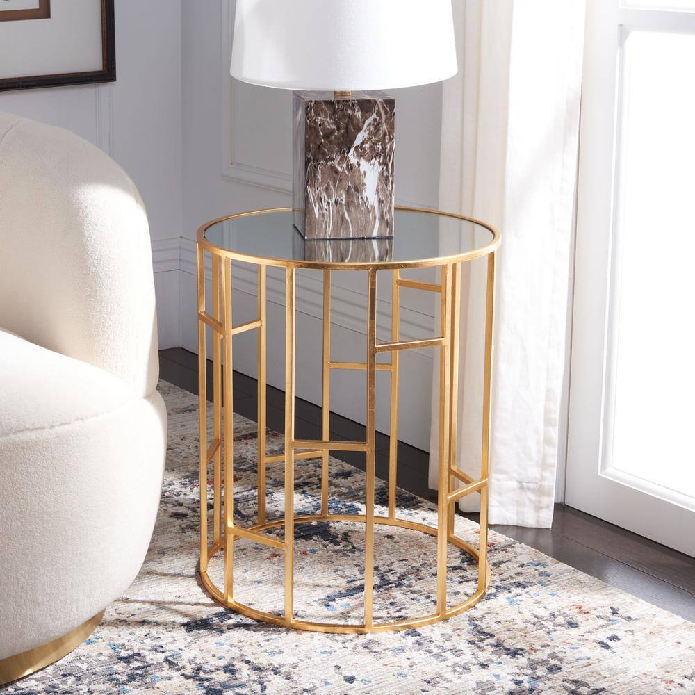 Transitional Gold Leaf Iron Base Round Mirrored Accent Table