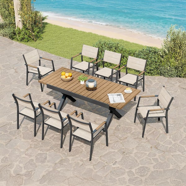 Black 9-Piece Aluminum Rectangular Outdoor Dining Set With Light Taupe Seats