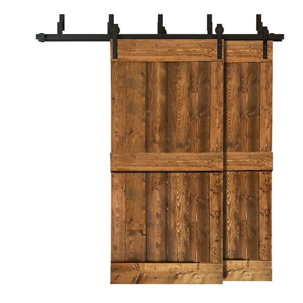 CALHOME 84 in. x 84 in. Mid-Bar Bypass Walnut Stained Solid Pine Wood Interior Double Sliding Barn Door with Hardware Kit