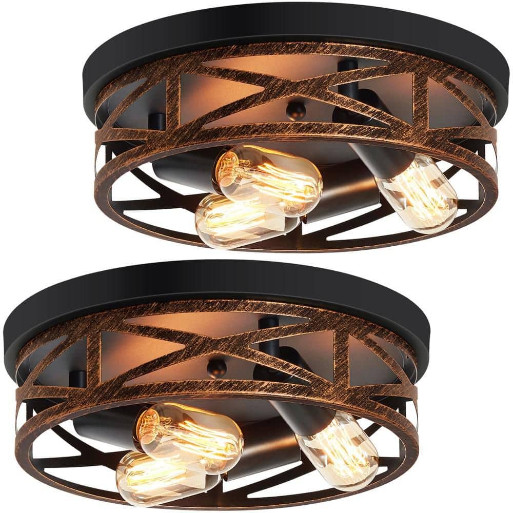 12.59 in. 3-Light Farmhouse Matte Bronze Round Metal Cage Flush Mount Ceiling Light for Hallway Kitchen Bedroom(2-Pack) price history on PriceWatchPro