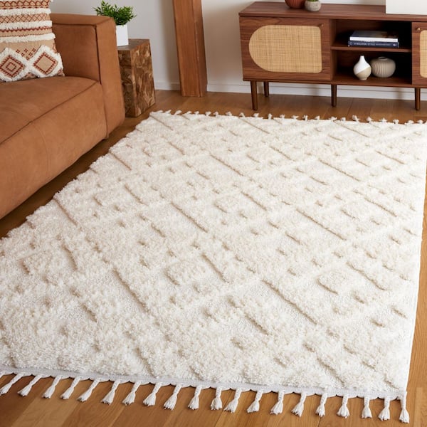 Moroccan Ivory Tassel Shag 10 ft. x 14 ft. High-Low Geometric Fringe Area Rug