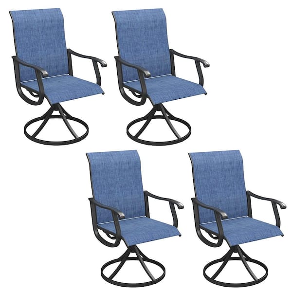 Zeus & Ruta Black Metal Outdoor Dining chair with 360° Swivel Sling in Blue Set of 4