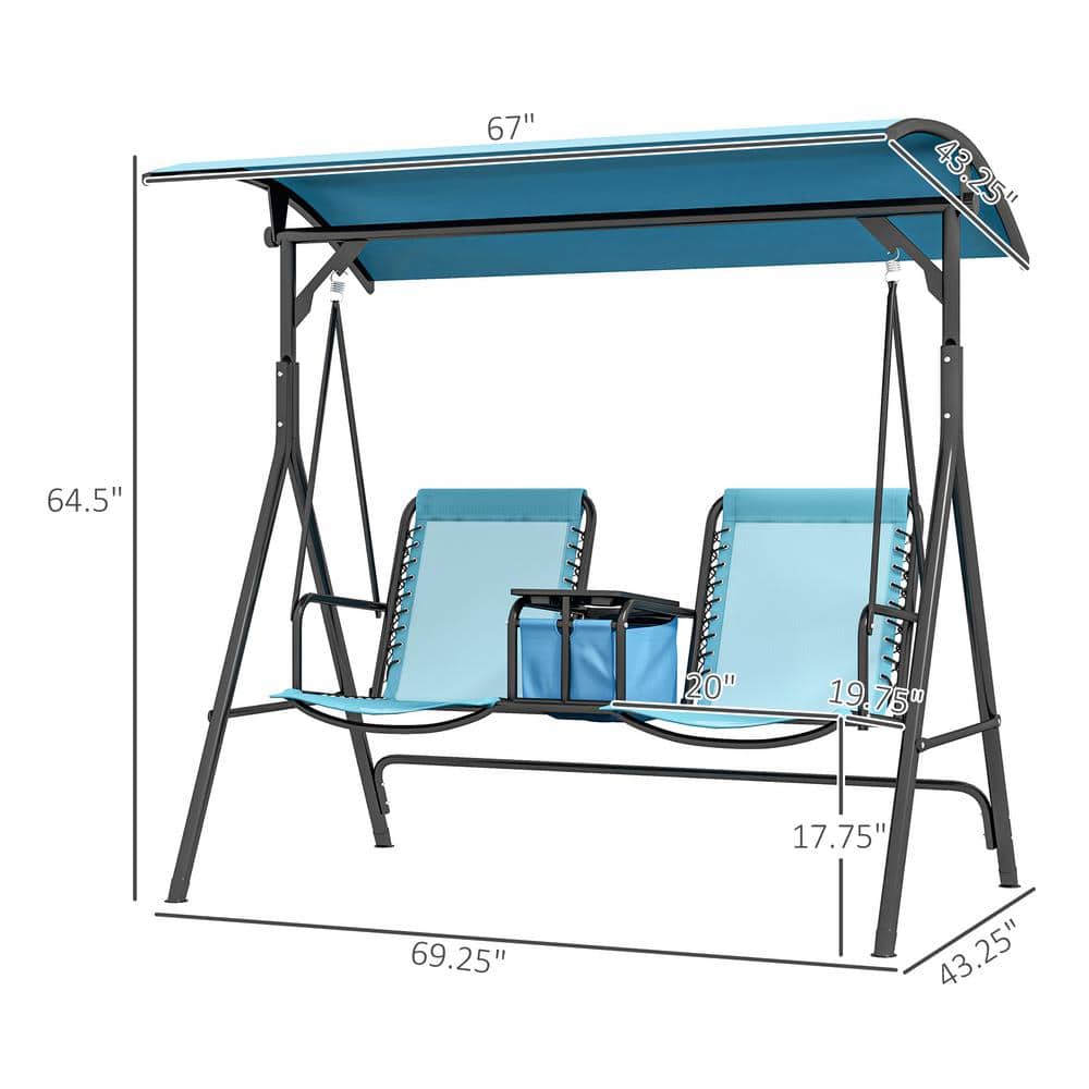Blue 2-Person Outdoor Swing with Adjustable Canopy and Storage