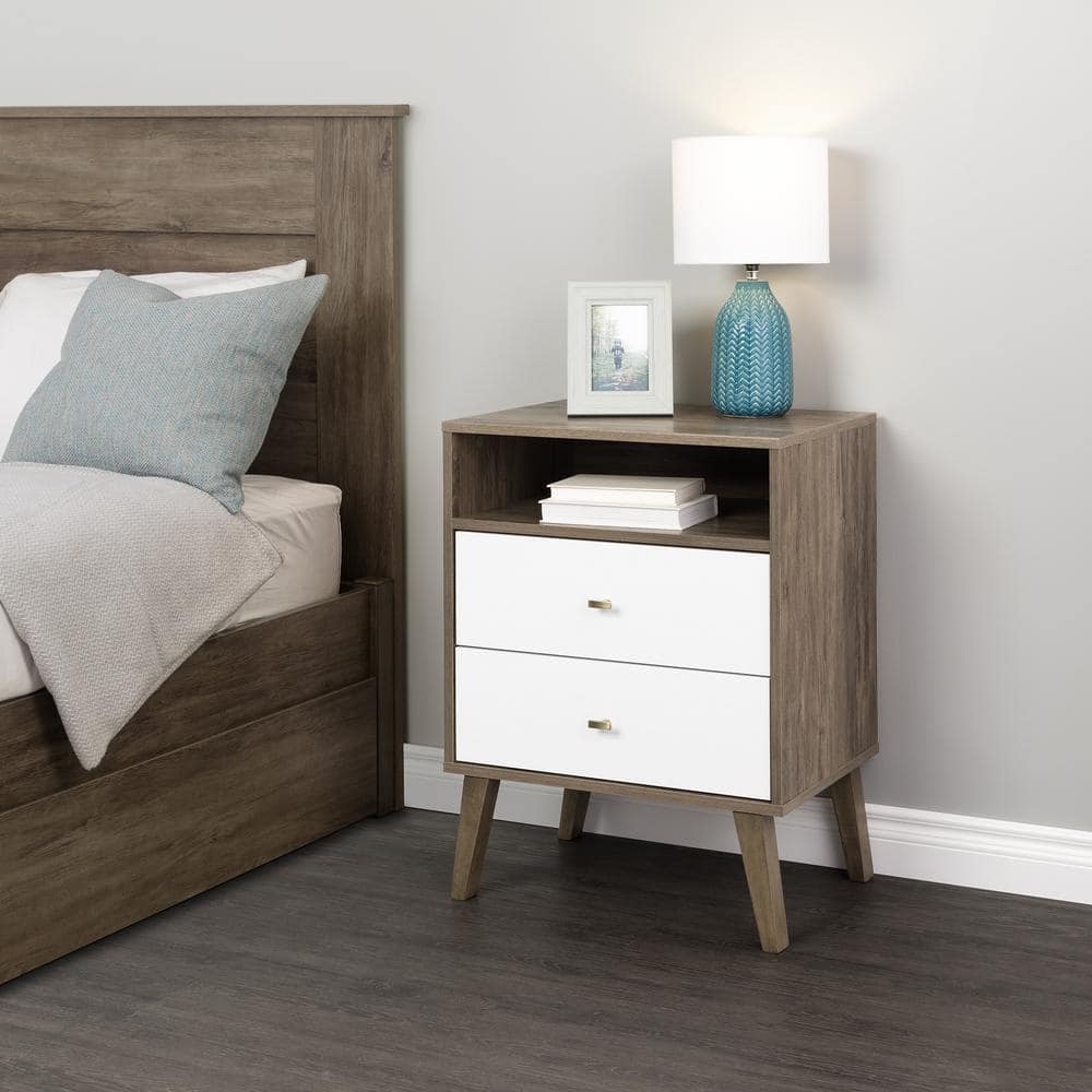 Mid-Century Modern Drifted Gray and White 2-Drawer Nightstand with Shelf