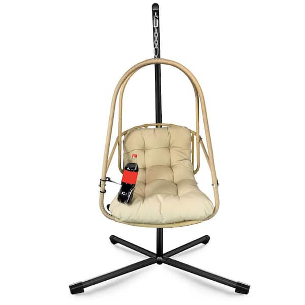 29 in. 1 Person Beige Wicker Patio Swing with Beige Cushion and Cup Holder