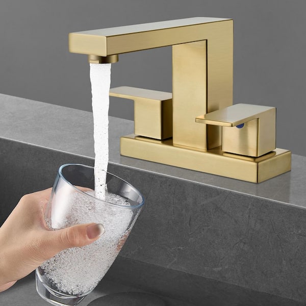 Minimalist 4 in. Centerset Double Handle Low Arc Bathroom Faucet with Drain kit Included in Brushed Gold